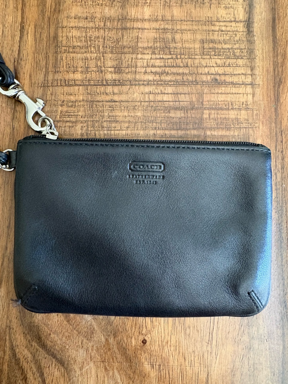 Coach Black Leather Zip Wristlet with Silver Hardware